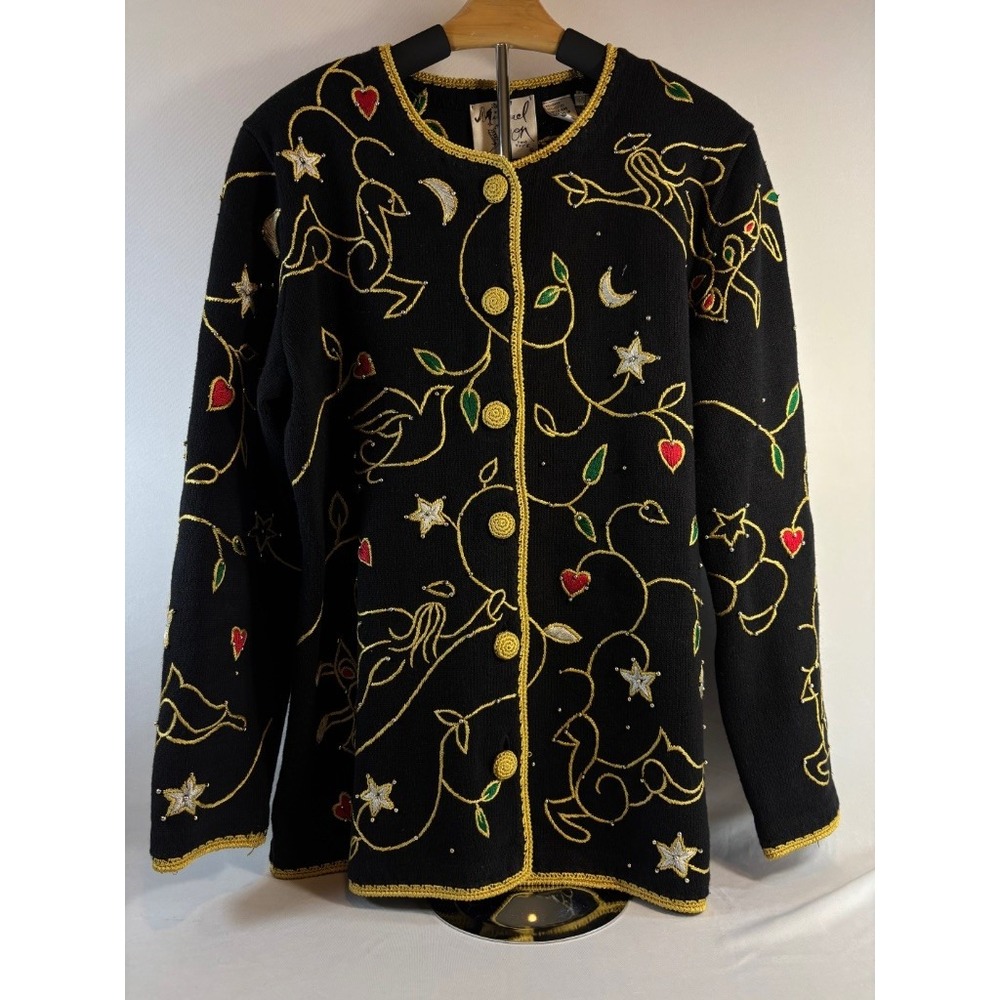 Michael Simon New York 1998 Black Gold Embroidered Cardigan Sweater L